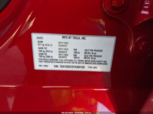 7SAYGDEE9TA389169 Tesla Model Y