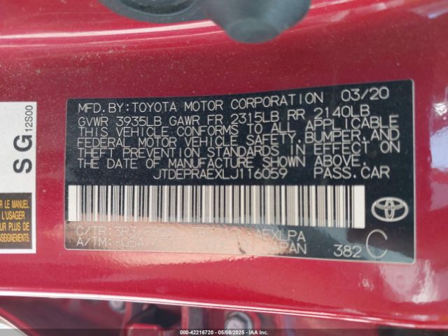 JTDEPRAEXLJ116059 Toyota COROLLA LE