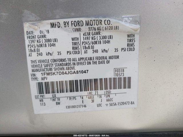 Ford EXPLORER XLT 2018 1FM5K7D84JGA81047 Image 9