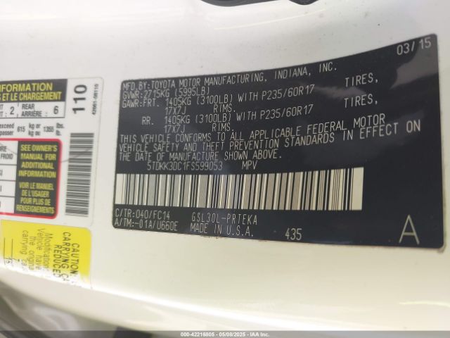 5TDKK3DC1FS599053 Toyota Sienna Le 8 Passenger