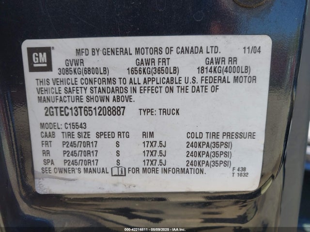 Продаж на аукціоні авто 2005 Gmc Sierra 1500 Sle, vin: 2GTEC13T651208887, номер лоту: 42216811