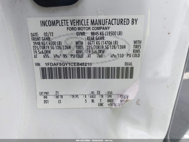 42216864 :رقم المزاد ، 1FDAF5GY1CEB45210 vin ، 2012 El Dorado F-550 Chassis مزاد بيع