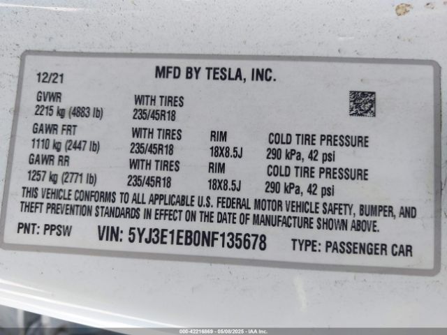5YJ3E1EB0NF135678 Tesla Model 3 Long Range Dual Motor All-wheel Drive