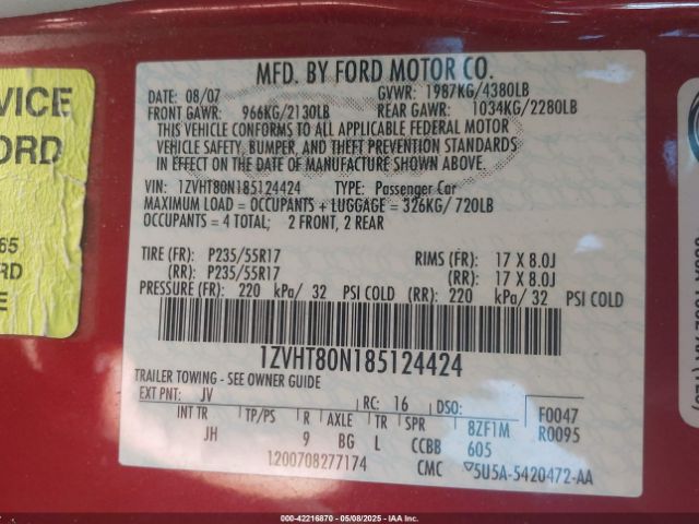 2008 FORD MUSTANG 1ZVHT80N185124424 Photo 8