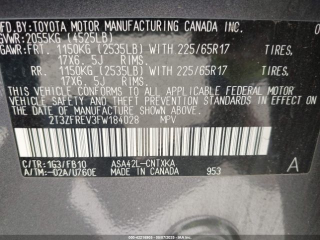 2T3ZFREV3FW184028 Toyota RAV4 LE