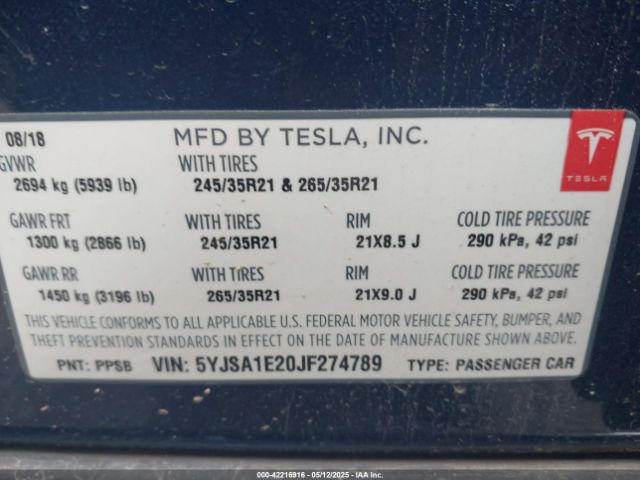 5YJSA1E20JF274789 Tesla Model S 100d/75d/p100d