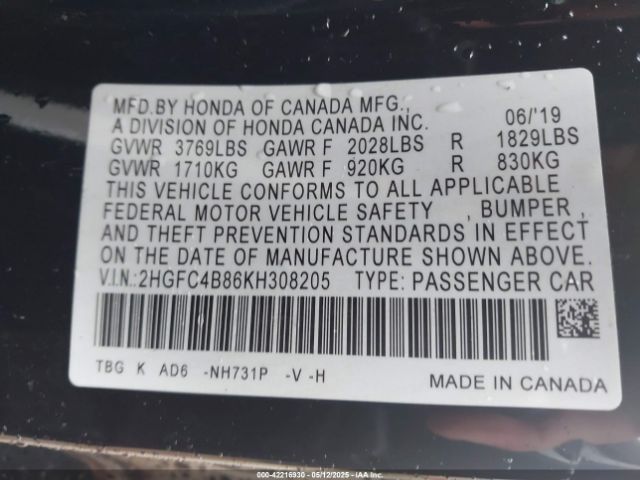 2019 HONDA CIVIC 2HGFC4B86KH308205 Photo 8