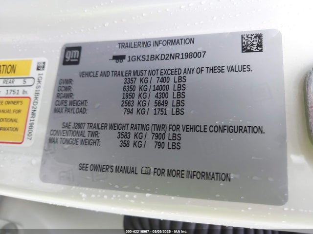 1GKS1BKD2NR198007 GMC l84 - di, dfm, alum, gen 5, var 2