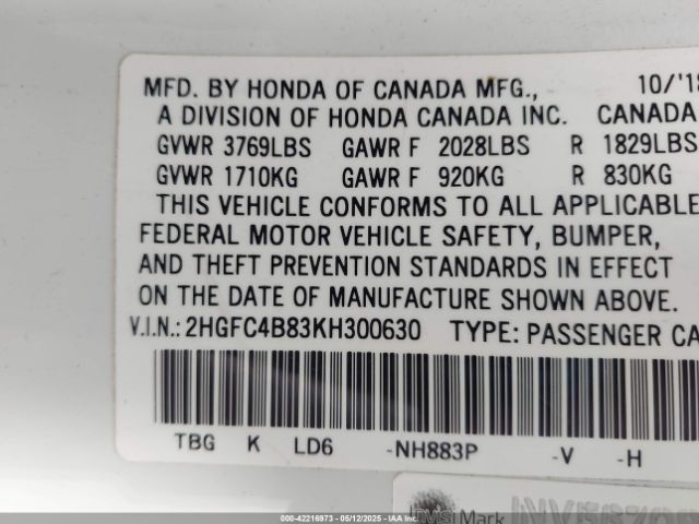 2HGFC4B83KH300630 Honda Civic Sport