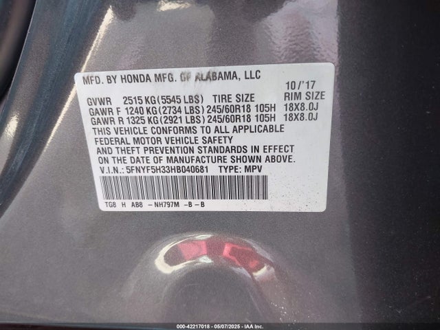 5FNYF5H33HB040681 Honda Pilot Ex