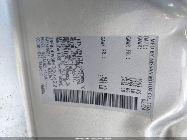 1N4BL4DV6RN392422 Nissan Altima Sv Fwd