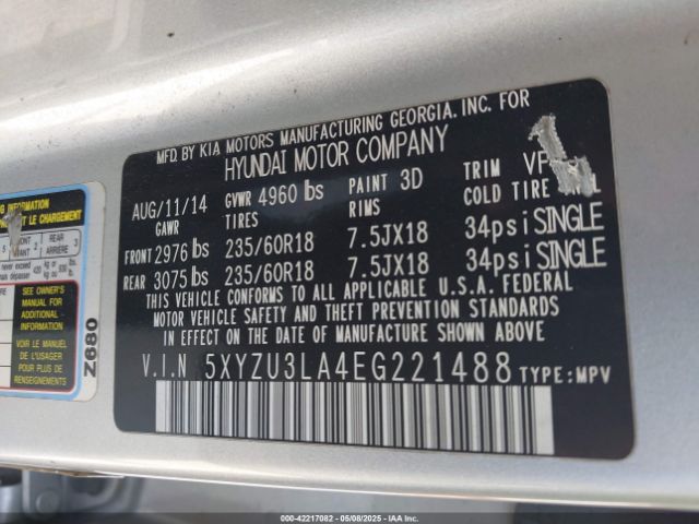 5XYZU3LA4EG221488 Hyundai Santa Fe Sport 2.0l Turbo