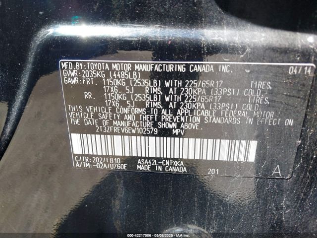 2T3ZFREV6EW102579 Toyota 2ar-fe