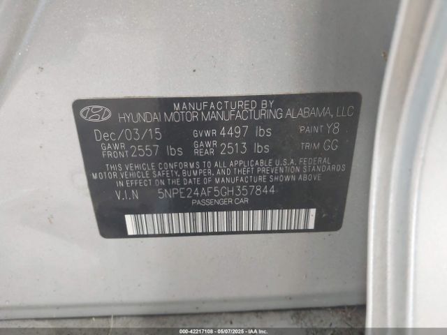 5NPE24AF5GH357844 Hyundai SONATA SE