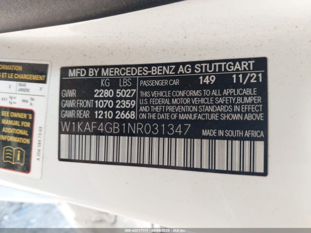W1KAF4GB1NR031347 Mercedes-Benz C 300 Sedan