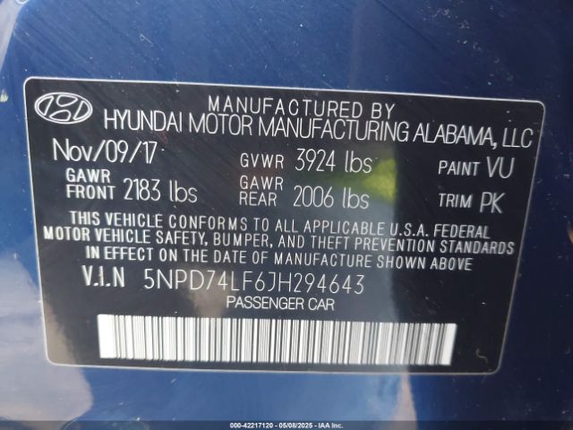 5NPD74LF6JH294643 Hyundai ELANTRA SE