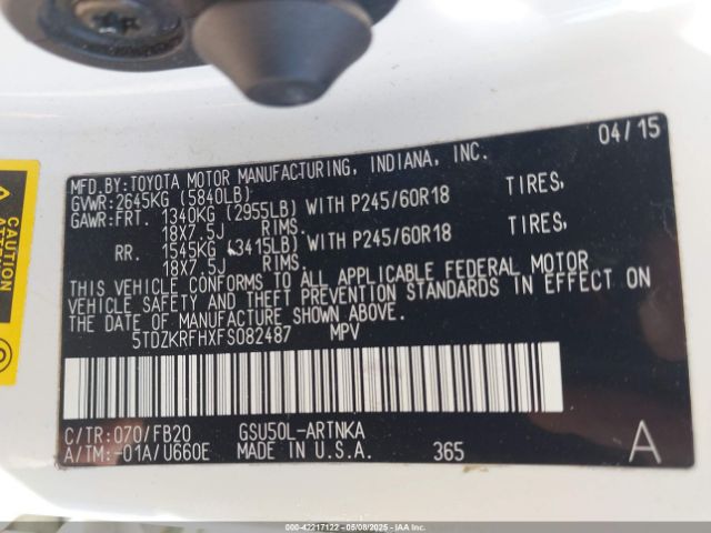 2015 TOYOTA HIGHLANDER 5TDZKRFHXFS082487 Photo 8