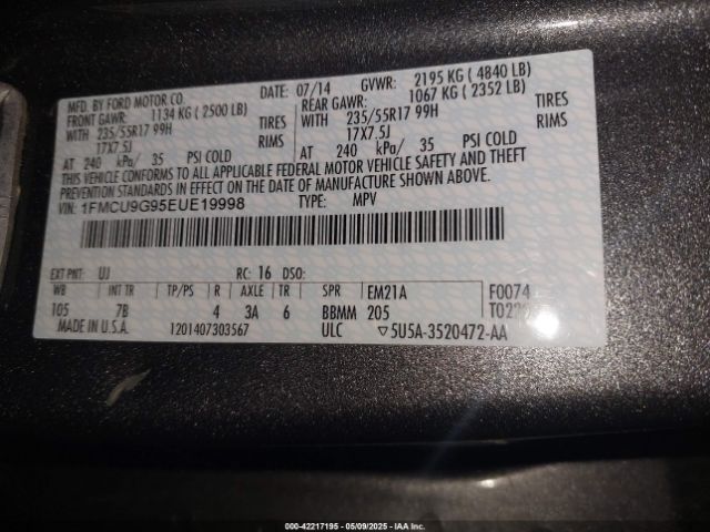 1FMCU9G95EUE19998 Ford ESCAPE SE