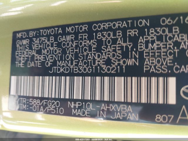JTDKDTB30G1130211 Toyota Prius C Two