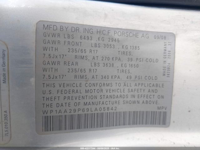 2009 PORSCHE CAYENNE WP1AA29P69LA05842 Photo 8