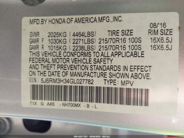 5J6RM3H34GL027782 Honda CR-V LX