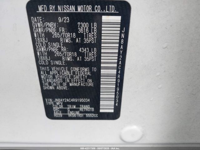 JN8AY2AC4R9195034 Nissan Armada Sv 2wd
