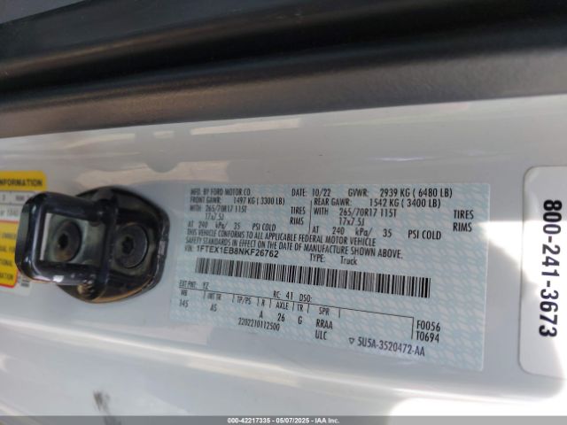 1FTEX1EB8NKF26762 Ford F-150 Xl