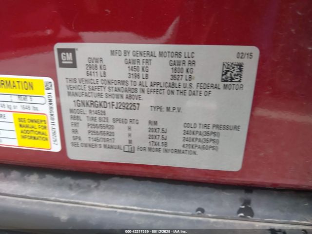 1GNKRGKD1FJ292257 Chevrolet llt