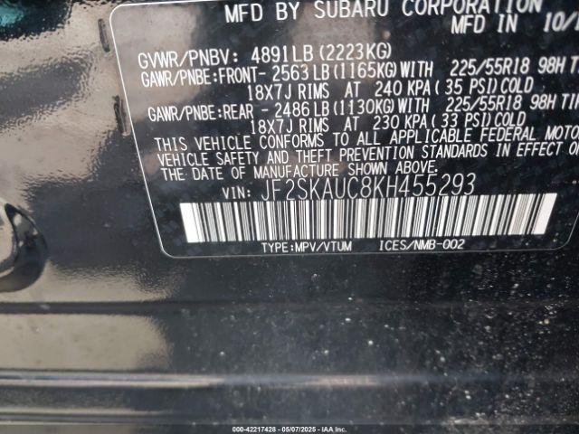 JF2SKAUC8KH455293 Subaru Forester Limited