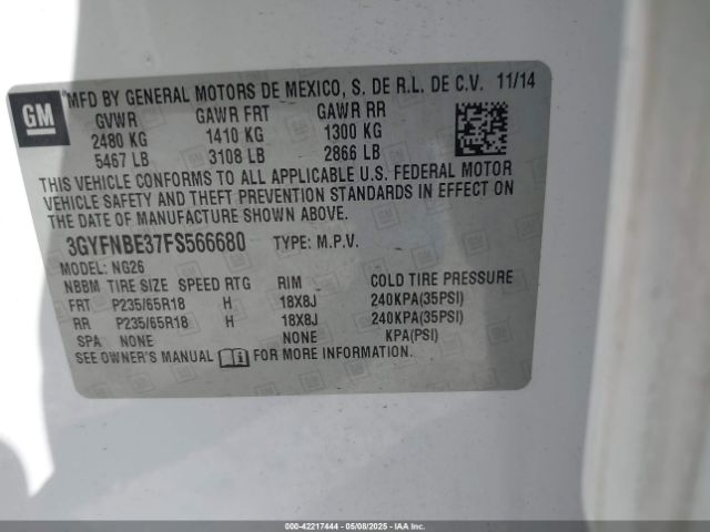 3GYFNBE37FS566680 Cadillac Srx Luxury Collection