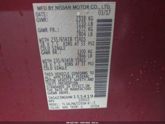 5N1AZ2MGXHN155419 Nissan MURANO S