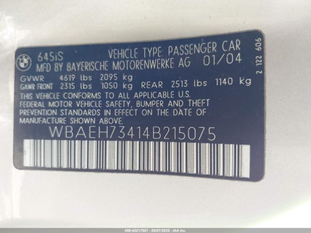 2004 BMW 645CI WBAEH73414B215075 Photo 8