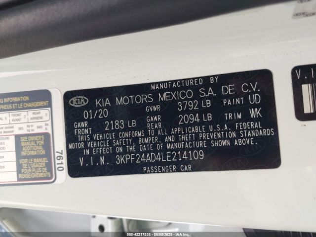 3KPF24AD4LE214109 KIA Forte Lxs