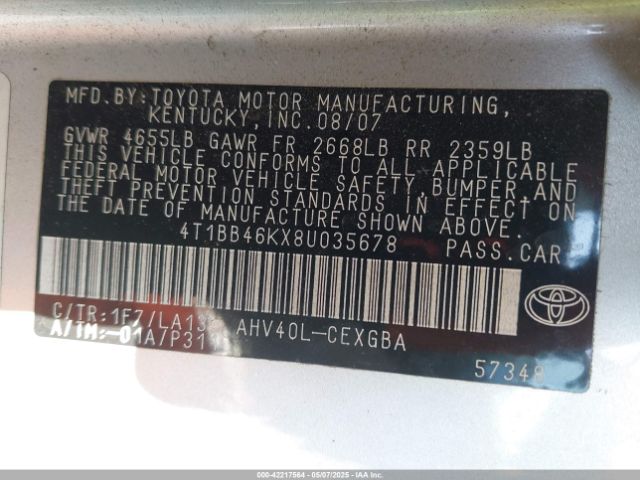 2008 TOYOTA CAMRY HYBRID 4T1BB46KX8U035678 Photo 8