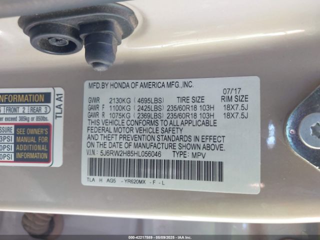 5J6RW2H85HL056046 Honda Cr-v Ex-l/ex-l Navi