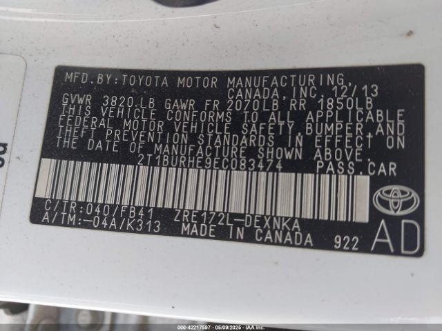 2T1BURHE9EC083474 Toyota COROLLA LE