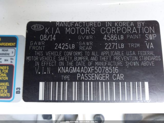 KNAGM4ADXF5078516 KIA OPTIMA HYBRID