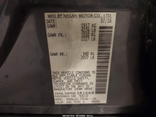 Nissan Altima 2016 1N4AL3AP4GN381668 Image 9