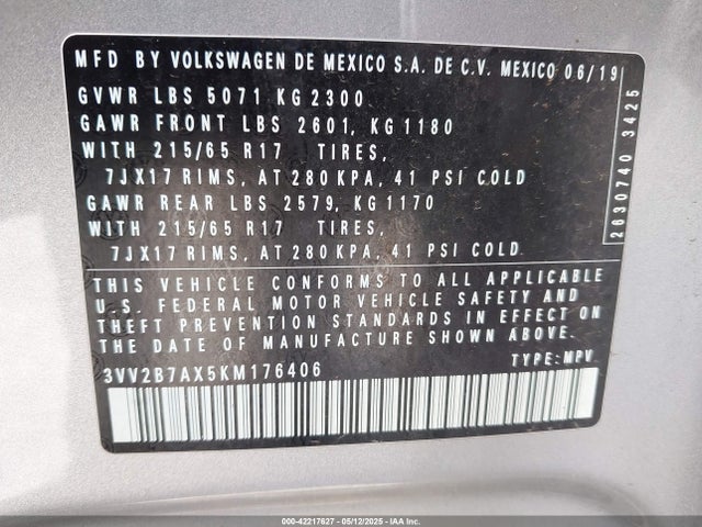 3VV2B7AX5KM176406 Volkswagen Tiguan 2.0t Se/2.0t Sel/2.0t Sel R-line/2.0t Sel R-line Black
