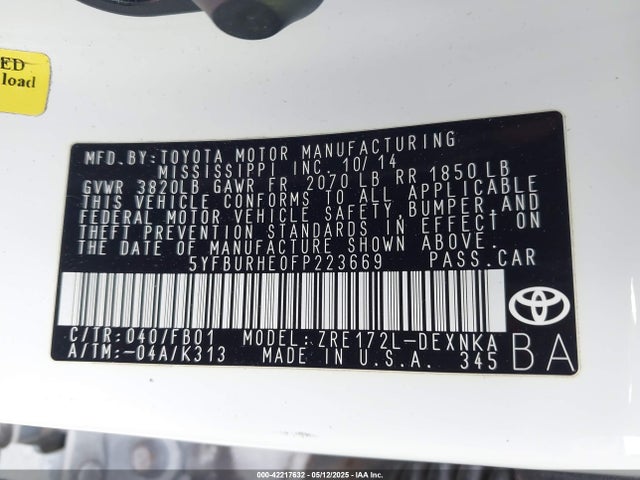 Toyota COROLLA LE 2015 5YFBURHE0FP223669 Image 9