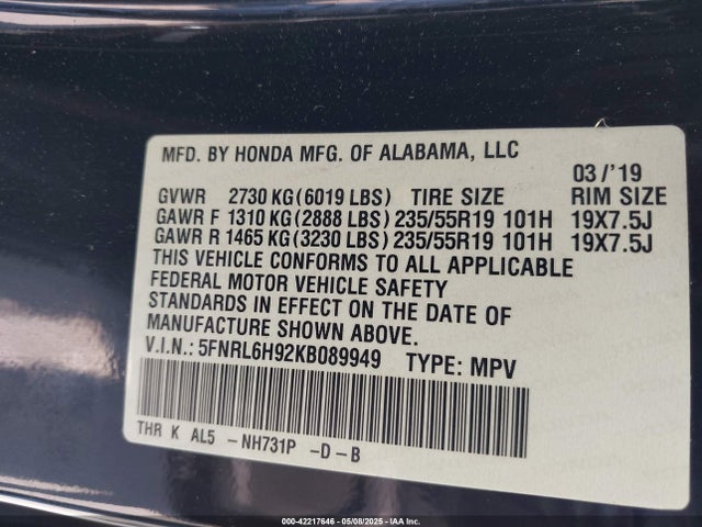 5FNRL6H92KB089949 Honda Odyssey Elite