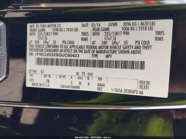 1FMCU0GX9GUC60433 Ford ESCAPE SE