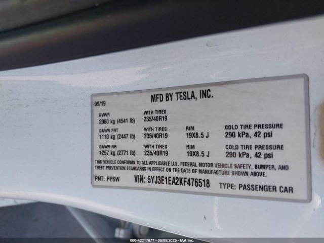 2019 TESLA MODEL 3 5YJ3E1EA2KF476518 Photo 8