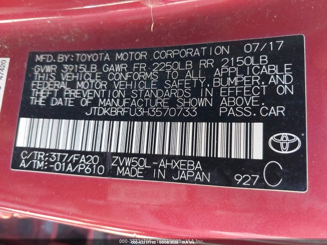 JTDKBRFU3H3570733 Toyota Prius