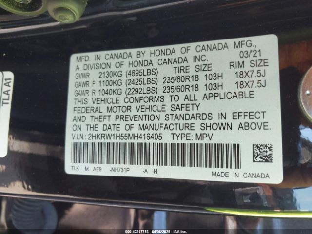 2HKRW1H55MH416405 Honda Cr-v 2wd Ex
