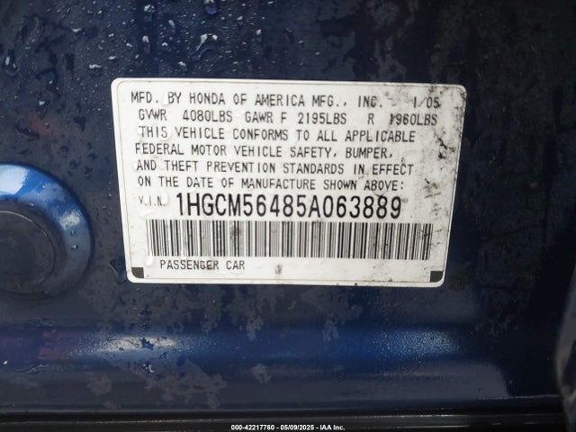 Auction sale of the 2005 Honda Accord 2.4 Lx, vin: 1HGCM56485A063889, lot number: 42217760