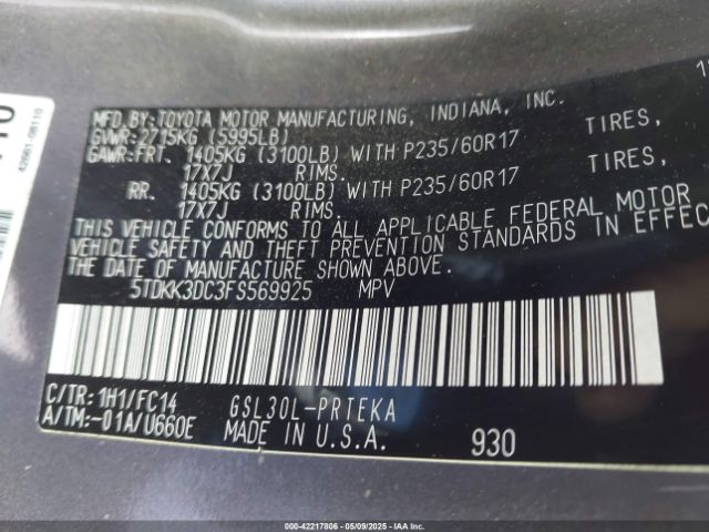 5TDKK3DC3FS569925 Toyota Sienna Le 8 Passenger