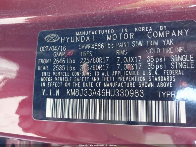 KM8J33A46HU330983 Hyundai TUCSON SE
