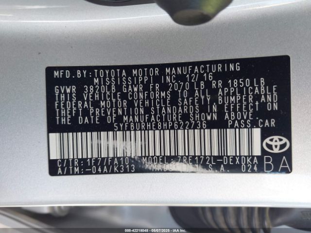 5YFBURHE8HP622736 Toyota COROLLA L