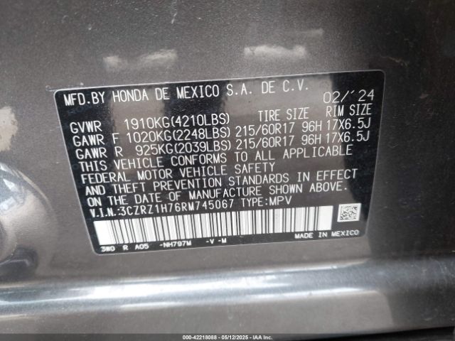 3CZRZ1H76RM745067 Honda Hr-v 2wd Ex-l/2wd Ex-l W/o Bsi